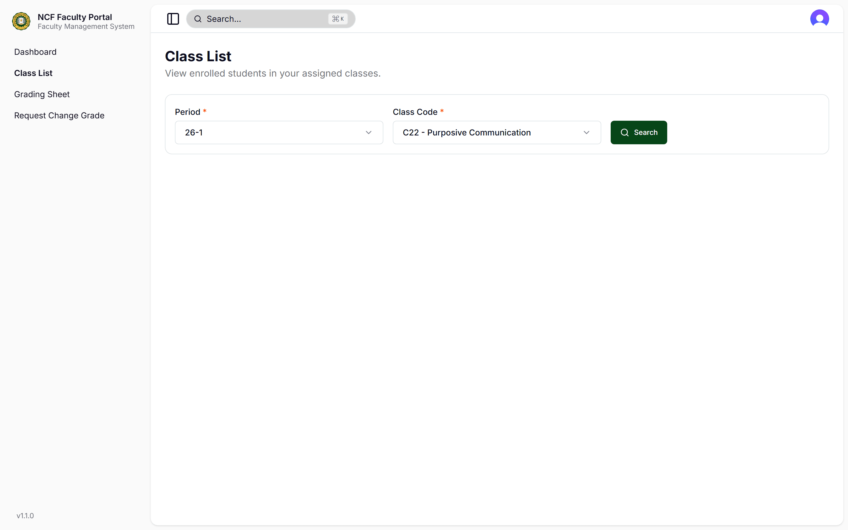 Select Academic Period & Class Code
