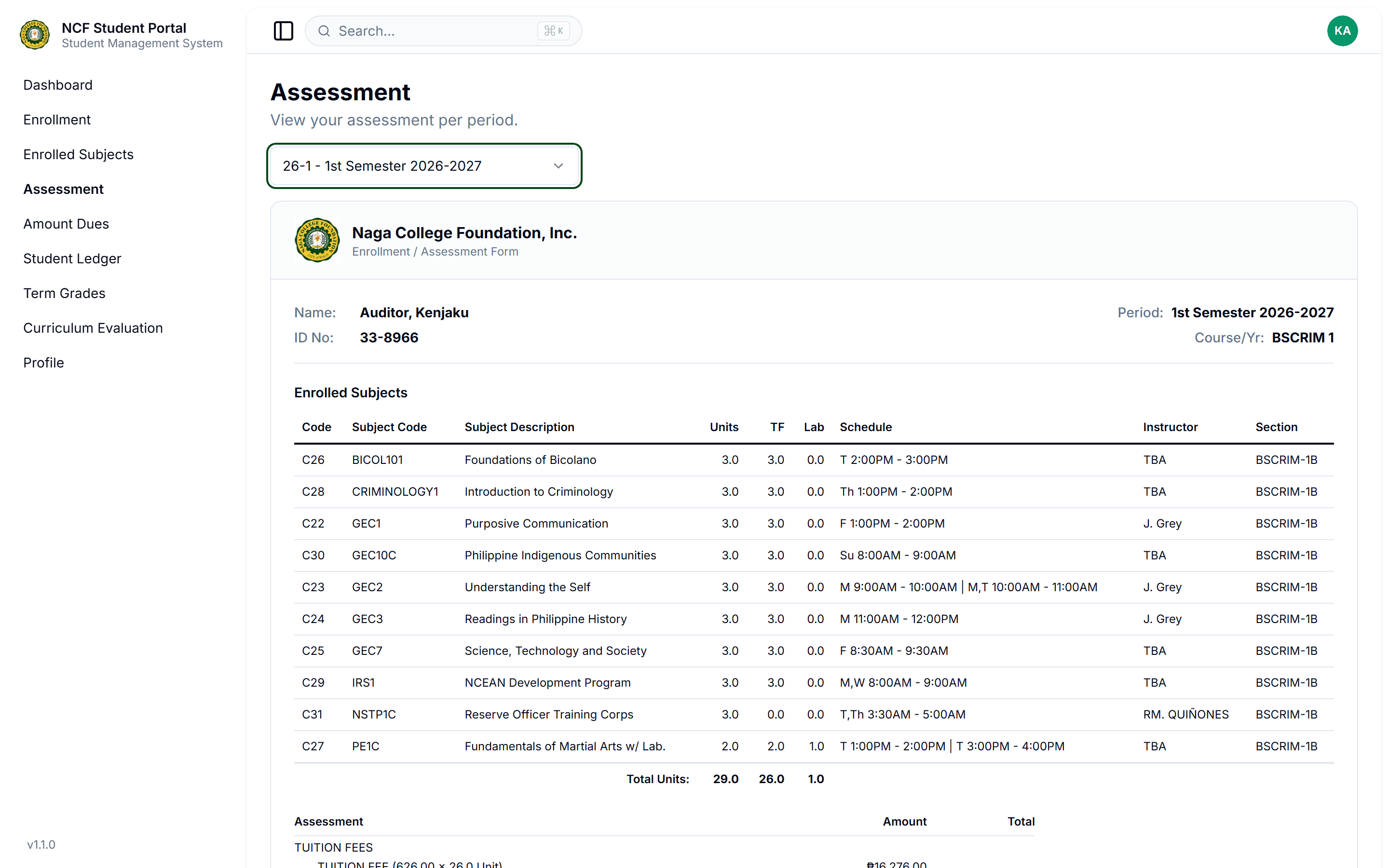 Inspect Itemized Tuition & Fee Breakdown