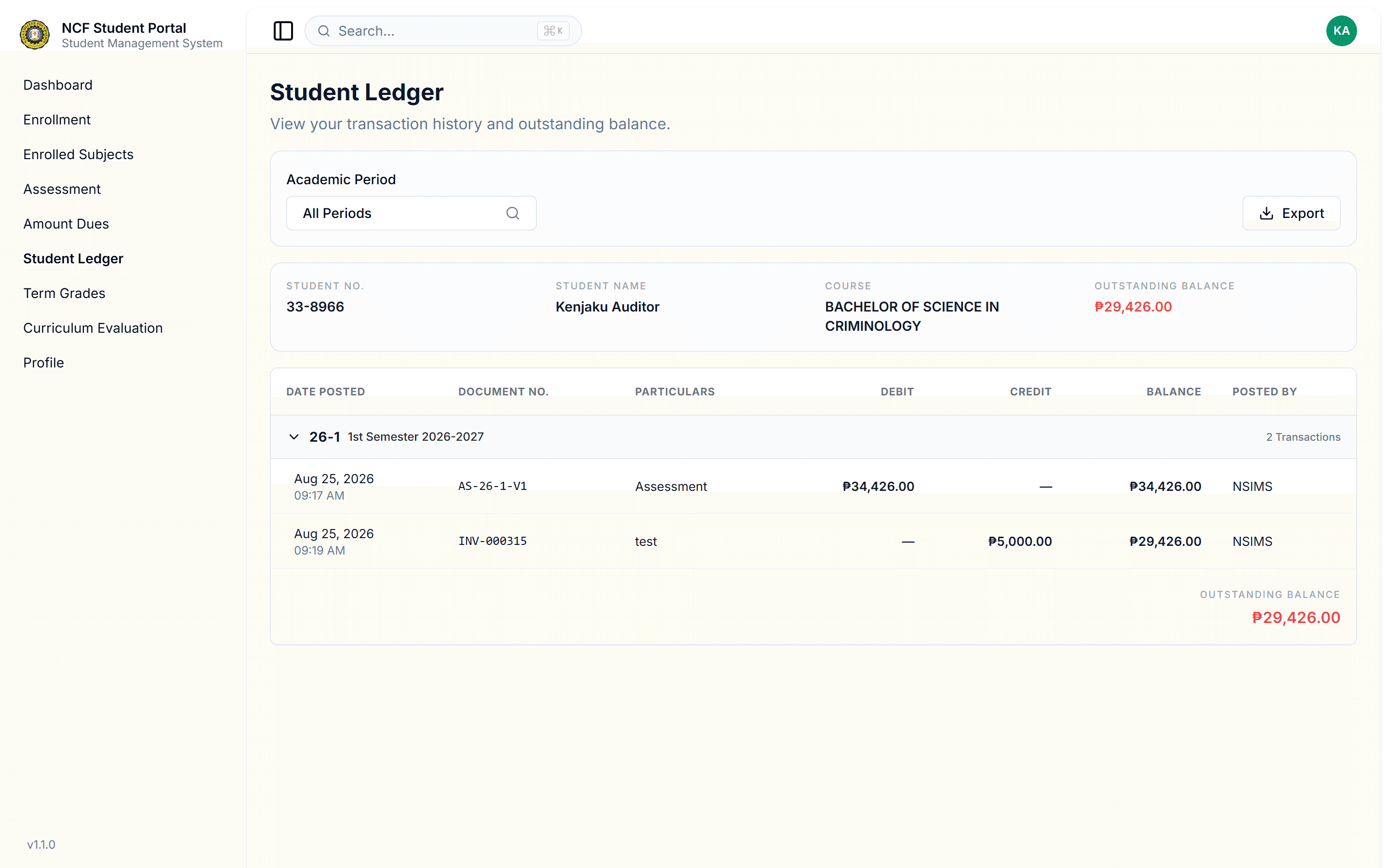 Audit Official Student Ledger & Transaction History
